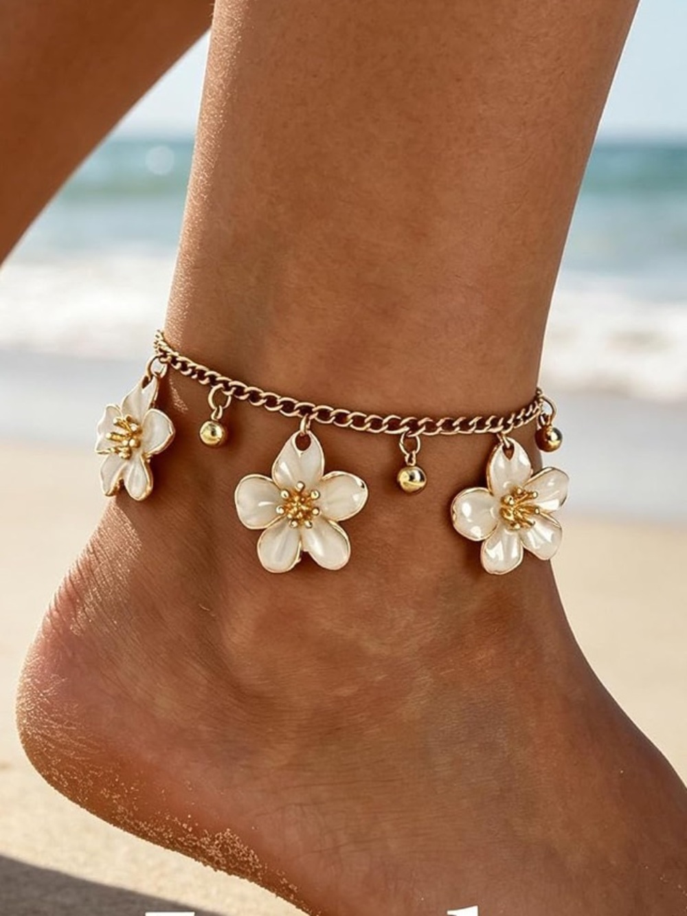 New color  Gold Anklet with White Flower Charms